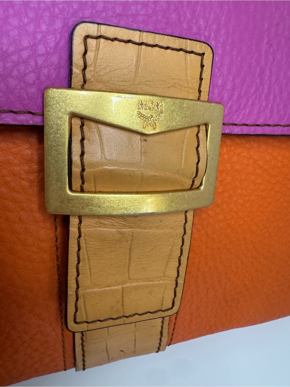 #320 MCM Limited Edition Buckle Flap Top Handle Leather Color block Two Way Bag - Picture 4 of 17